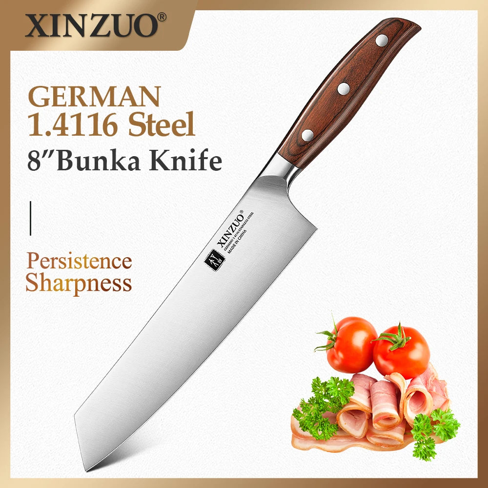 XINZUO 8" Bunka Knife – German Steel, Pakka Wood Handle Bunka Kitchen Knife Axl