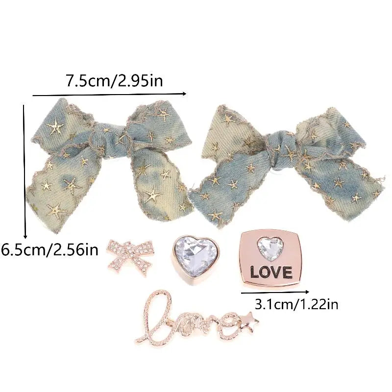 Denim Bow Rhinestone Shoe Charms DIY Decoration Kit – 6pc Shoe Charm Set Axl 1Set