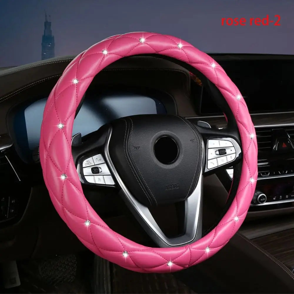 Diamond PU Leather Steering Wheel Cover – Black & Pink Steering Wheel Cover Axl rose red-2