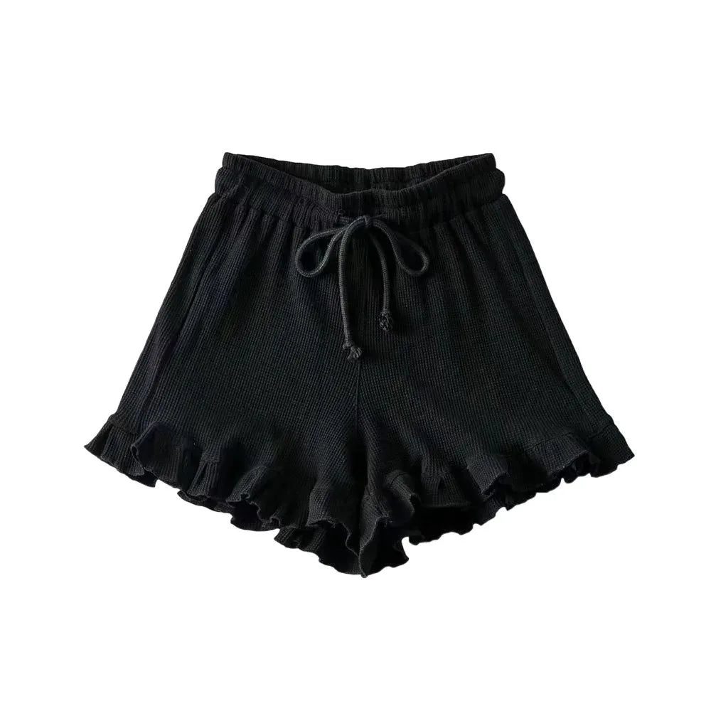 Women's High Waist Ruffle Drawstring Wide Leg Shorts Women's Casual Shorts Axl Black-XL