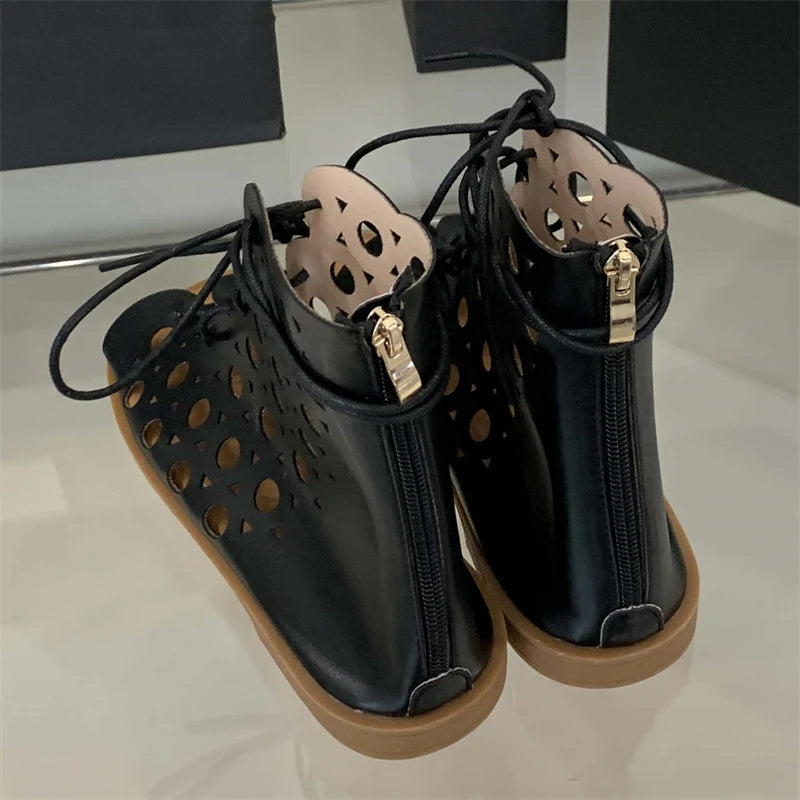 Women's Hollow Out Flat Gladiator Sandal Boots | Peep Toe Zip Gladiator Sandal Boots Axl