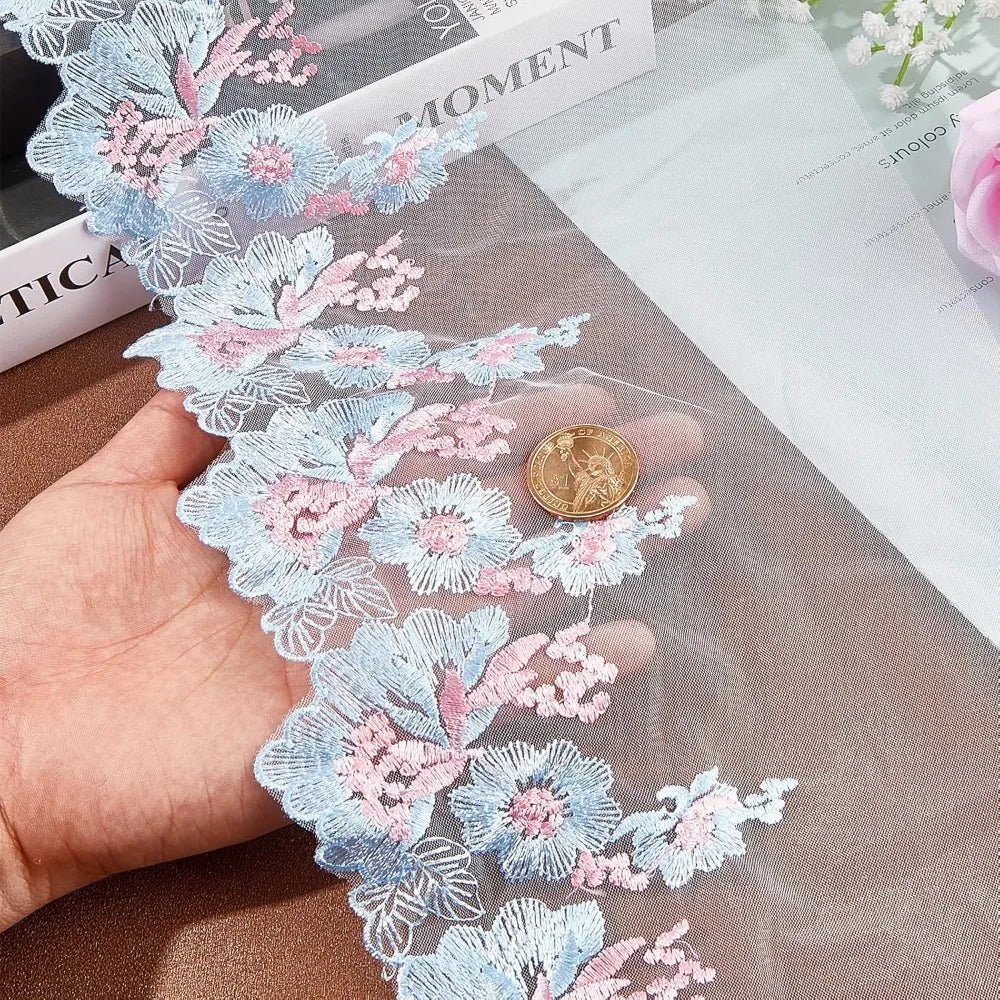 Floral Embroidered Lace Organza Trim – 5 Yards Sky Blue Lace Fabric Trim Axl