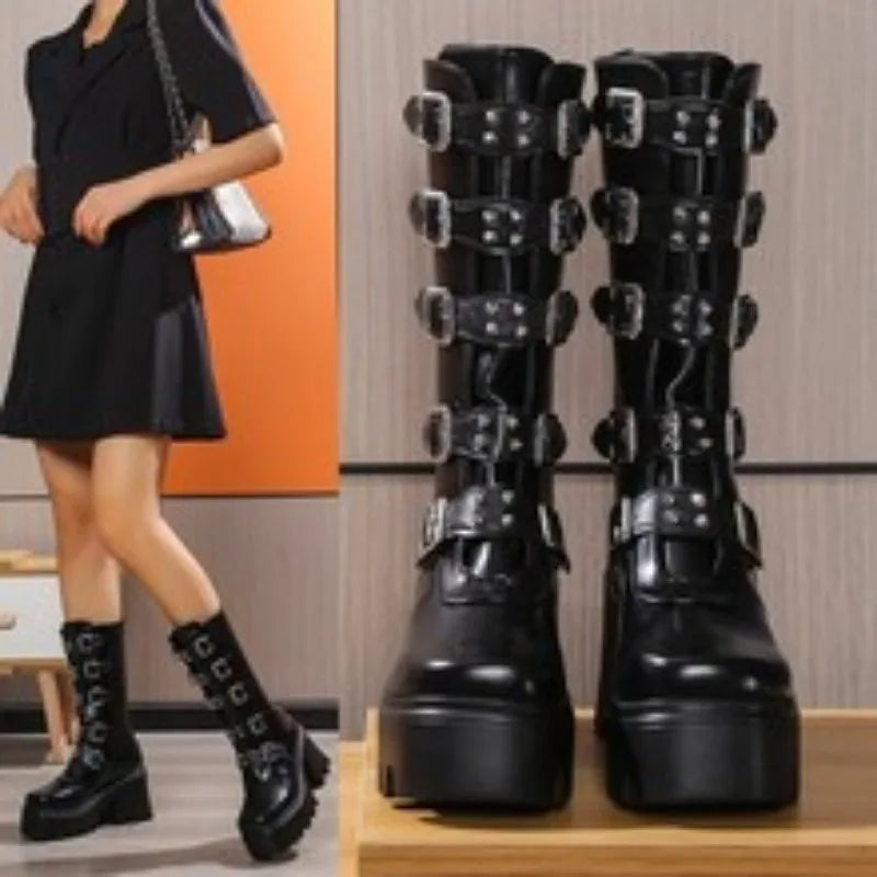 Women's Gothic Punk Knee-High Boots | Buckle PU Leather Knee-High Boots Axl