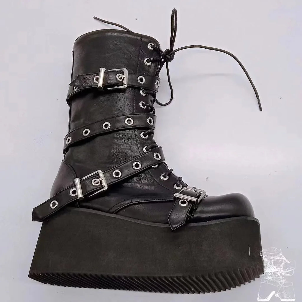 Women's Plus Size Punk Goth Combat Boots – Wedge Buckle Lace-Up Women's Combat Boots Axl