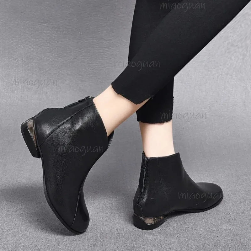 Women's PU Leather Ankle Boots – Low Heel Zip Short Boots Women's Ankle Boots Axl