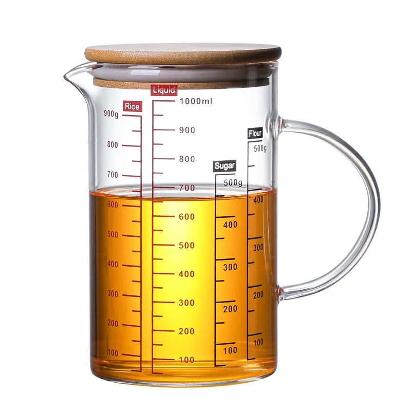 KEMORELA Borosilicate Glass Measuring Cup with Bamboo Lid Glass Measuring Cup Axl 1000ml