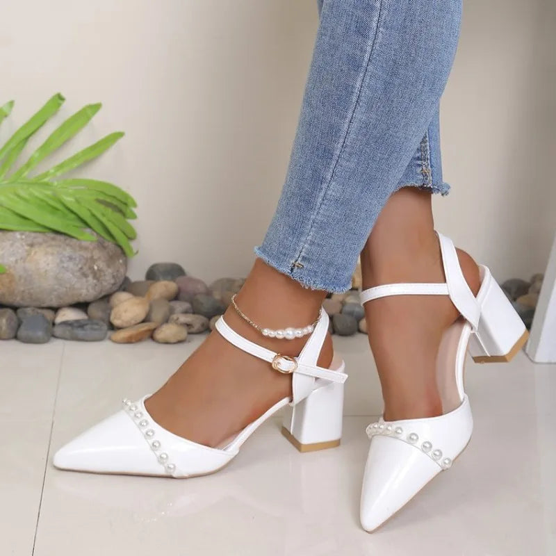 Women's Rhinestone Block Heel Cutout Sandals – Pointed Toe Block Heel Sandals Axl