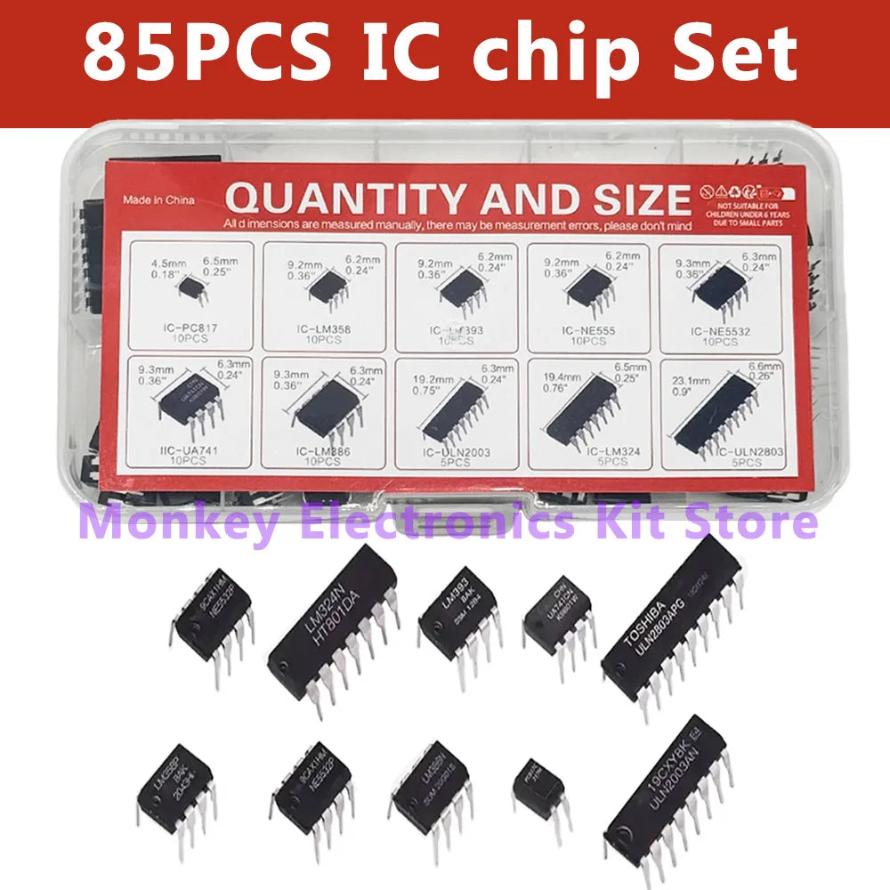 85-Piece IC Chip Kit – NE555 LM324 LM358 DIP Assortment DIY IC Component Kit Axl