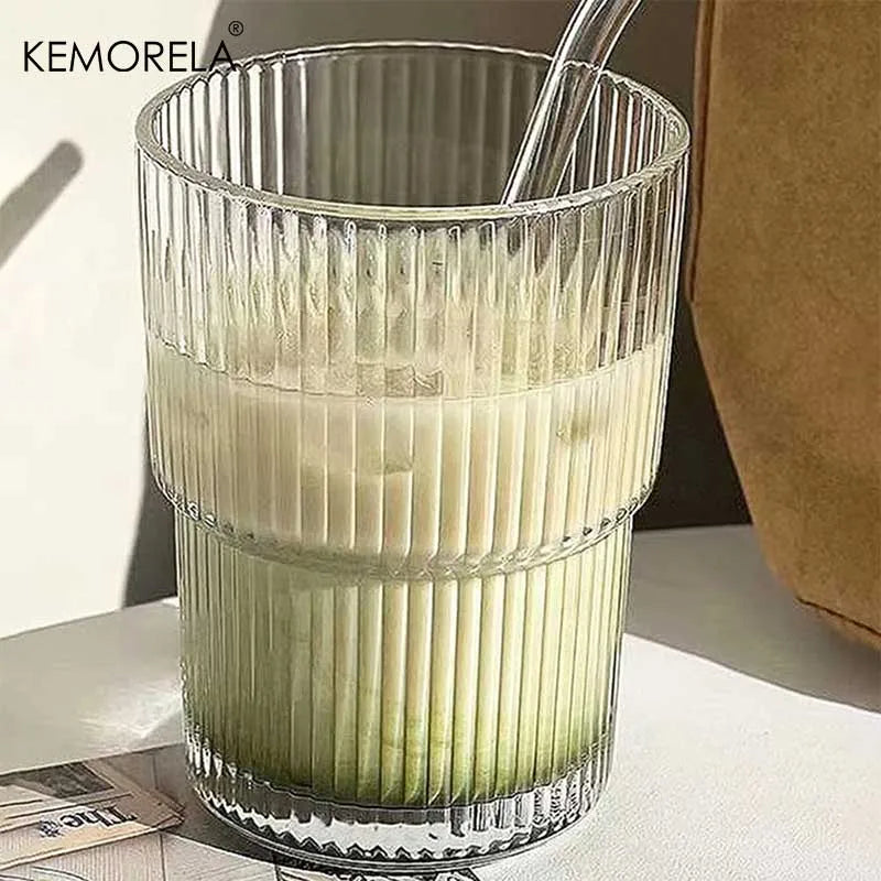 KEMORELA 380ml Striped Glass Cup with Lid & Straw | 1 or 2 Pack Glass Drinkware Set Axl
