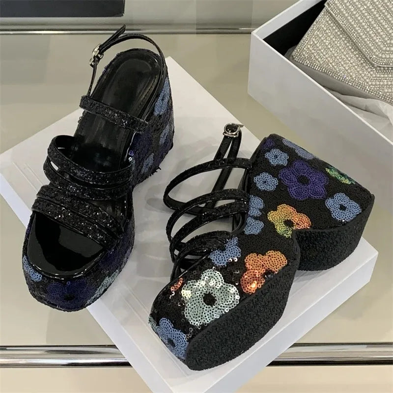 Women's Sequin Platform Wedge Sandals – High Heel Gladiator Platform Wedge Sandals Axl