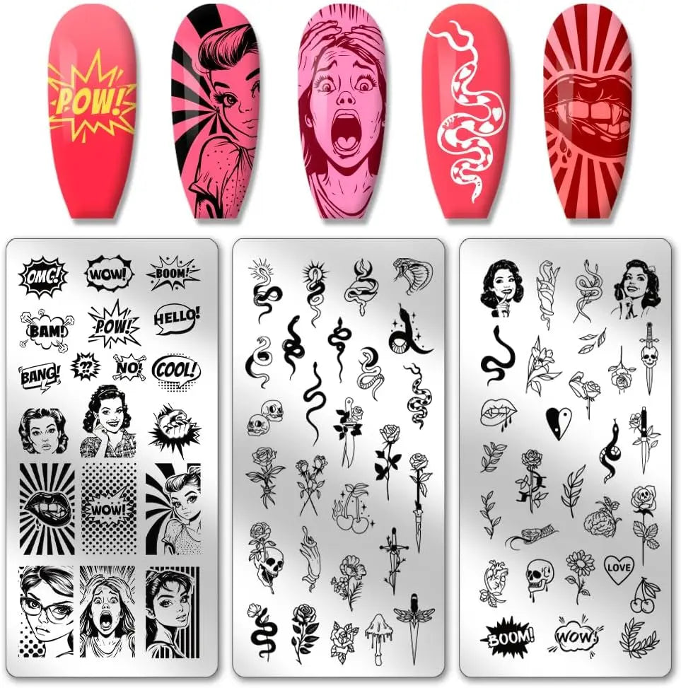 3-Piece Nail Stamping Plates – Comic, Snake & Rose Designs Nail Stamping Plates Axl AECH04-13185