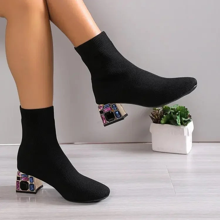 Women's Stretch Sock Ankle Boots – Square Heel & Knit Upper Sock Ankle Boots Axl
