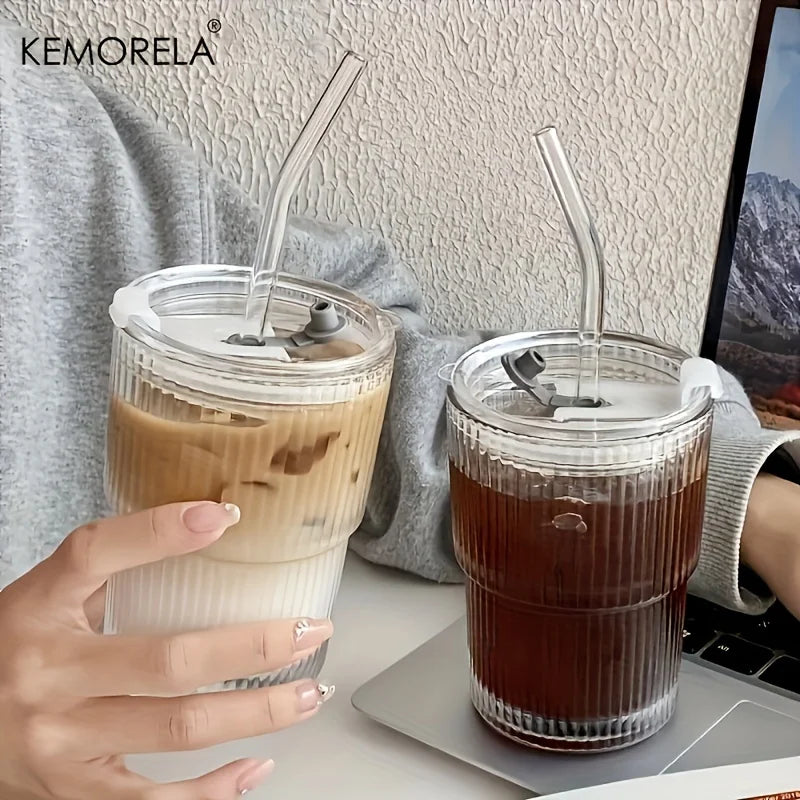 KEMORELA 450ml Stripe Glass Cups with Lid & Straw | 4/6 Pack Glass Drinkware Set Axl