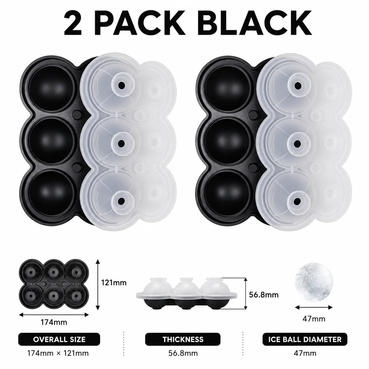 6-Sphere Silicone Ice Ball Maker Tray with Funnel Lid | Bar Silicone Ice Ball Tray Axl 2 Pack Black