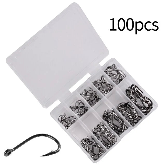 100 Pcs Barbed Fishing Hooks – Carbon Steel Carp & Sea Tackle Fishing Hooks Set Axl Black