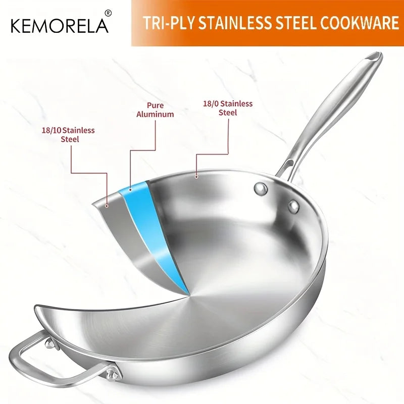 KEMORELA 30cm 316 Stainless Steel Non-Stick Wok Pan Stainless Steel Wok Pan Axl