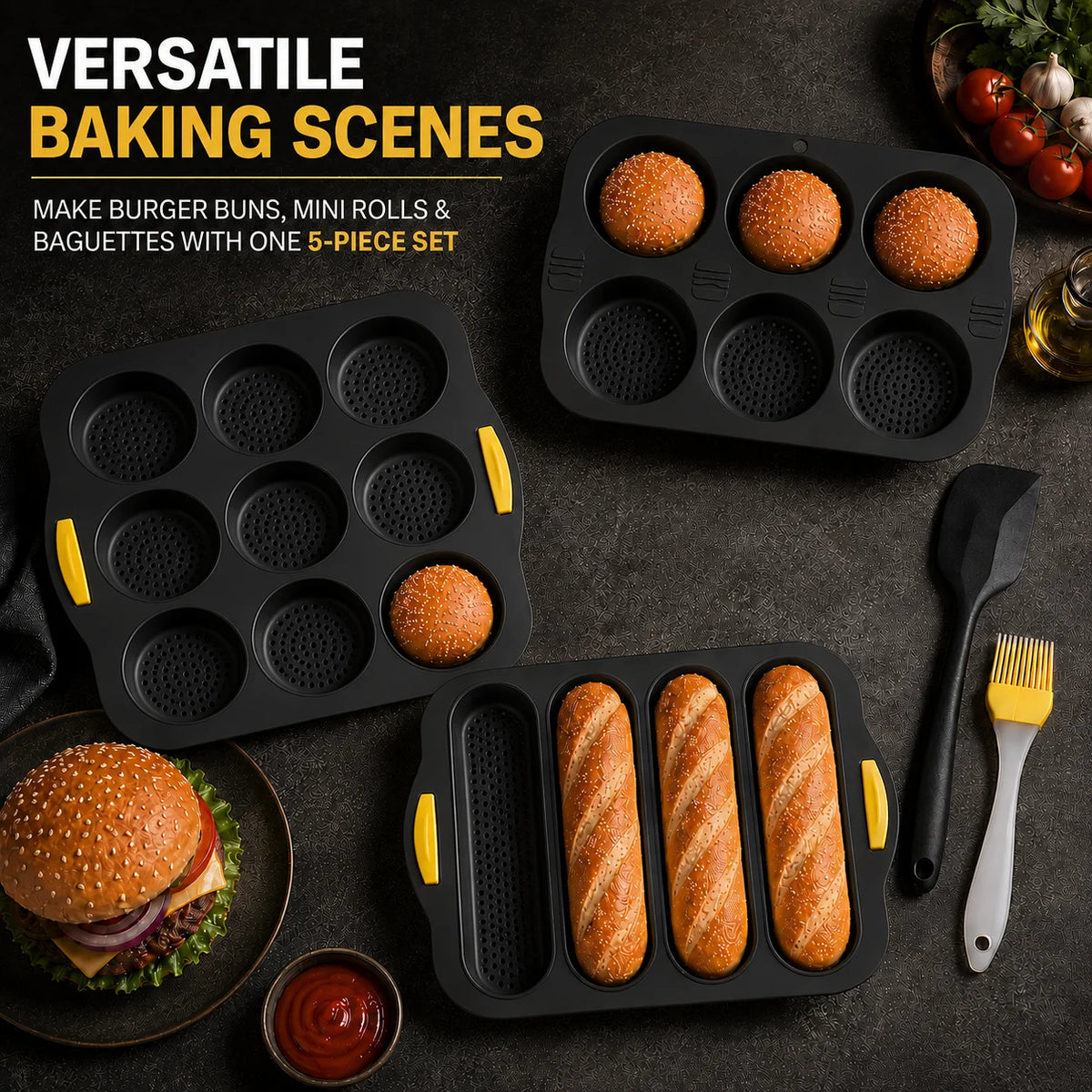 Uwhise 5-Pc Silicone Baking Mold Set – Bun, Baguette & Loaf Pan Silicone Bakeware Set Axl