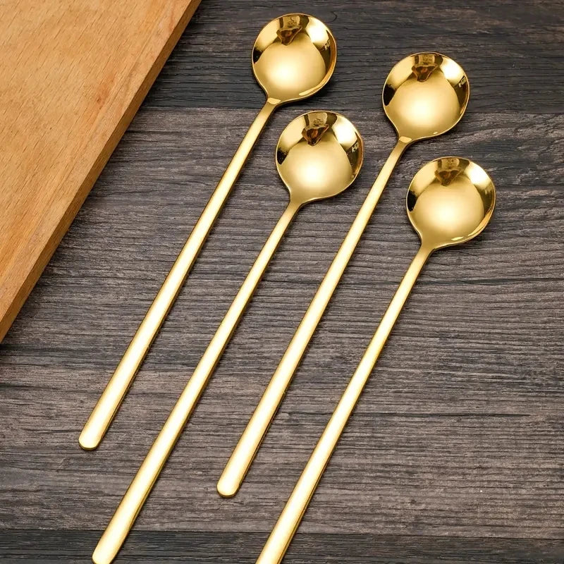 4-Piece Golden Long Handle Stainless Steel Coffee & Tea Spoons Kitchen Spoon Set Axl