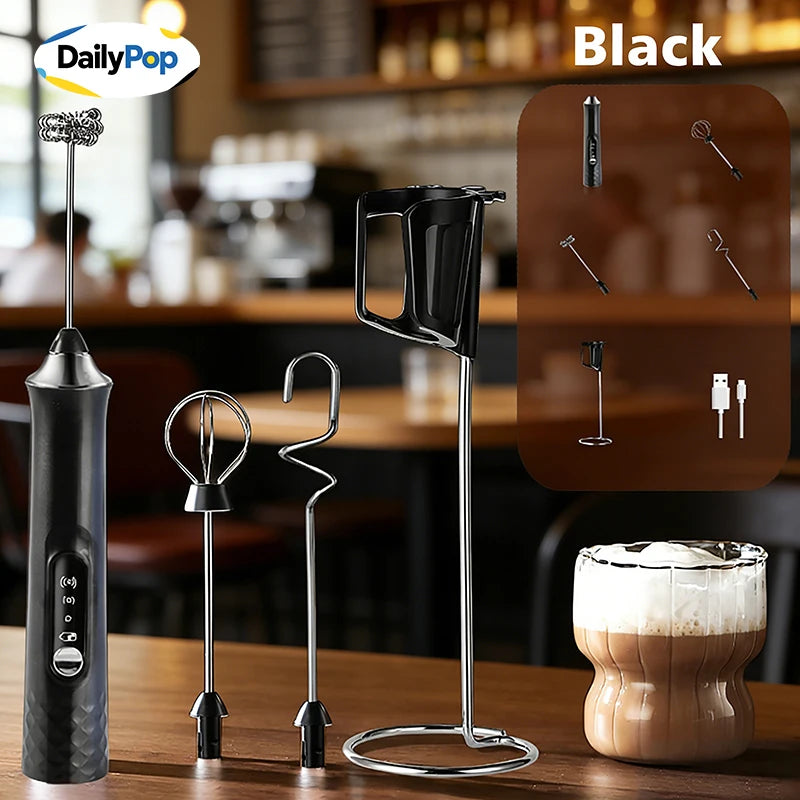 3-Whisk Electric Milk Frother with Stand | 3-Speed Rechargeable Electric Milk Frother Axl Black 3 whisks