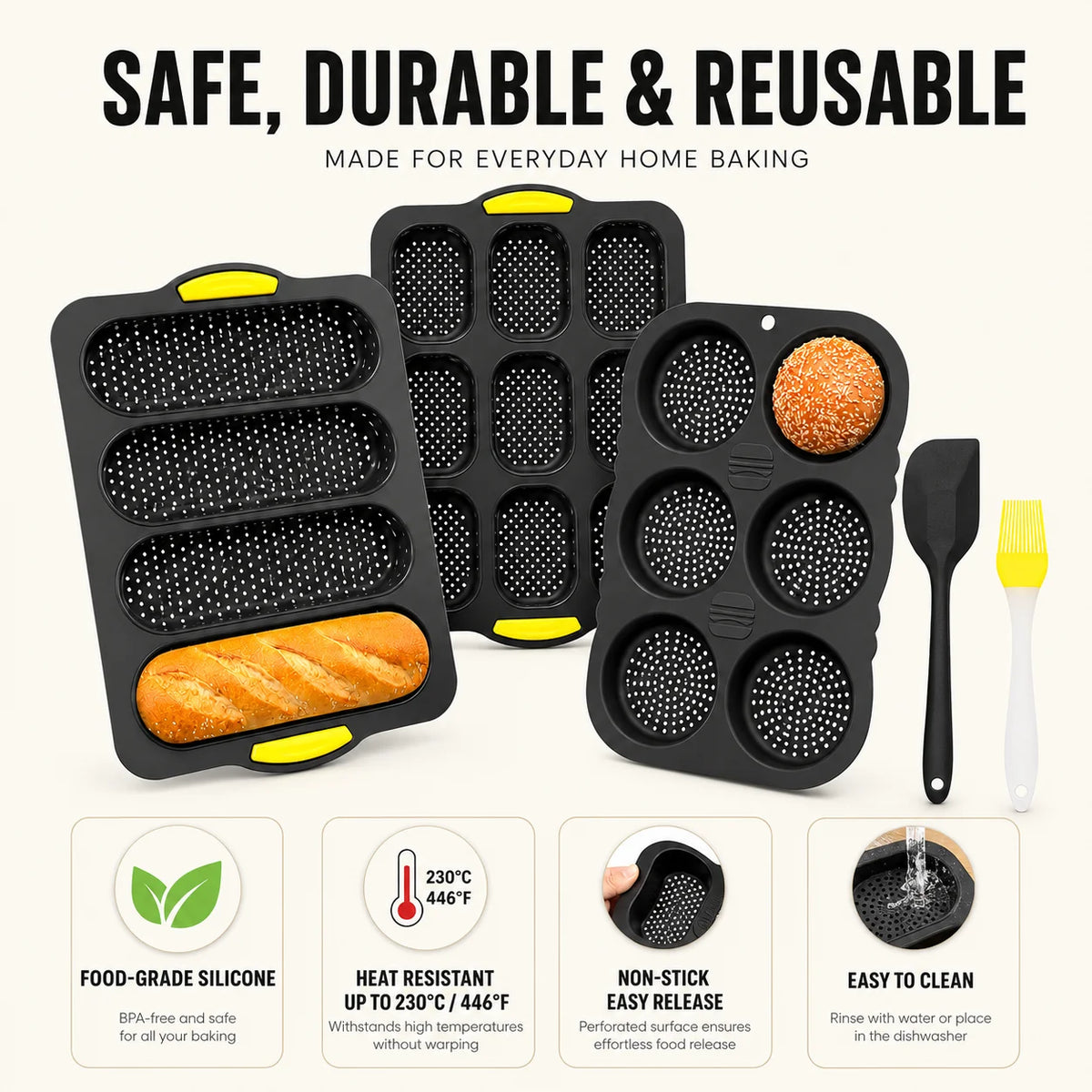 Uwhise 5-Pc Silicone Baking Mold Set – Bun, Baguette & Loaf Pan Silicone Bakeware Set Axl