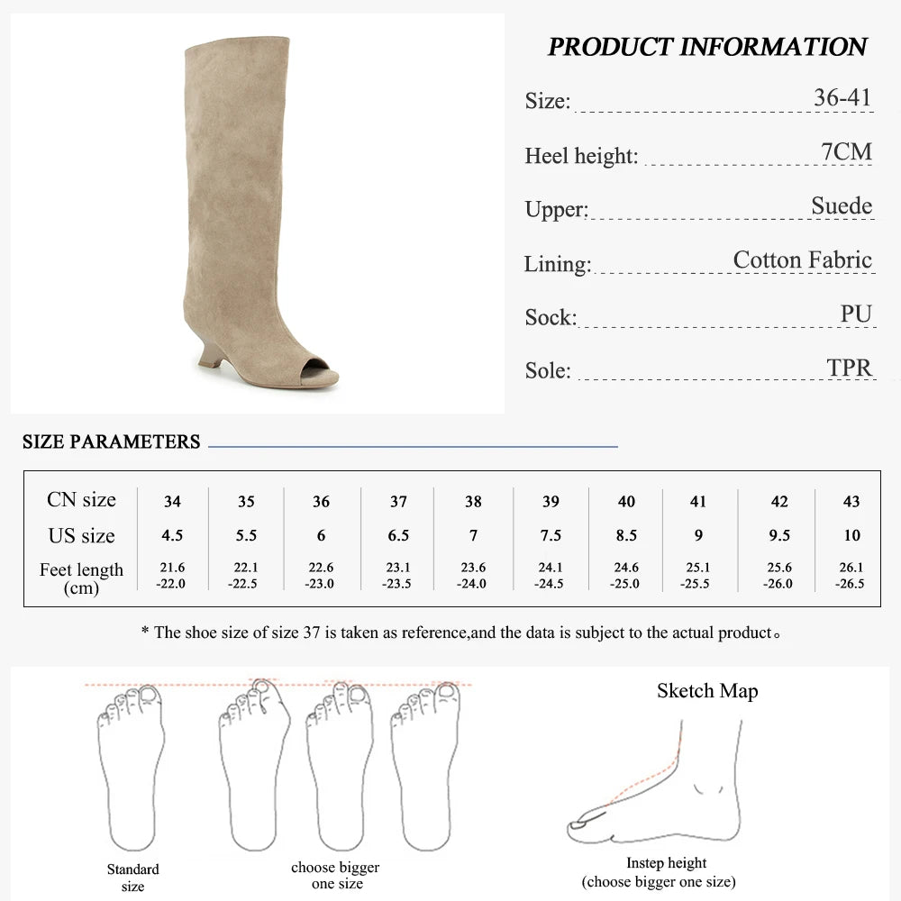 Women's Slouchy Knee-High Wedge Boots – Open Toe Wide Calf Knee-High Boots Axl Camel 37