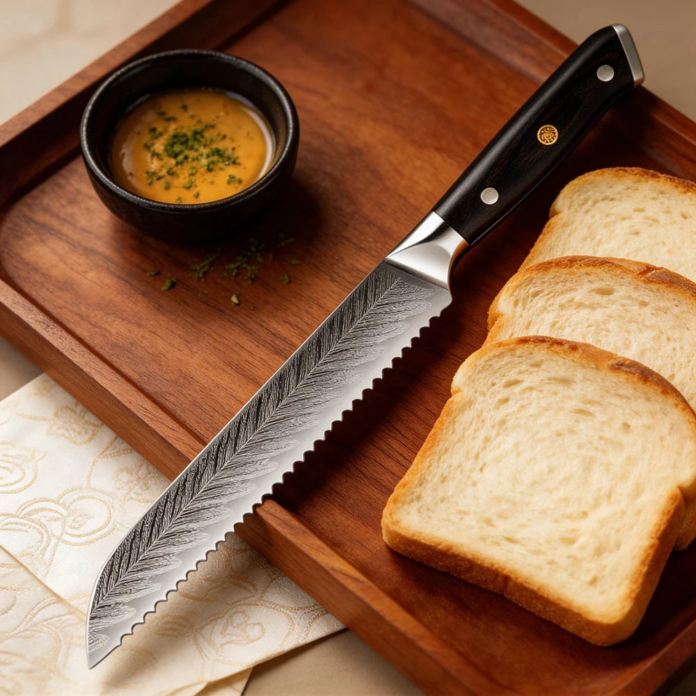 XITUO 8" Serrated Bread Knife – Damascus Steel Laser Blade Serrated Bread Knife Axl