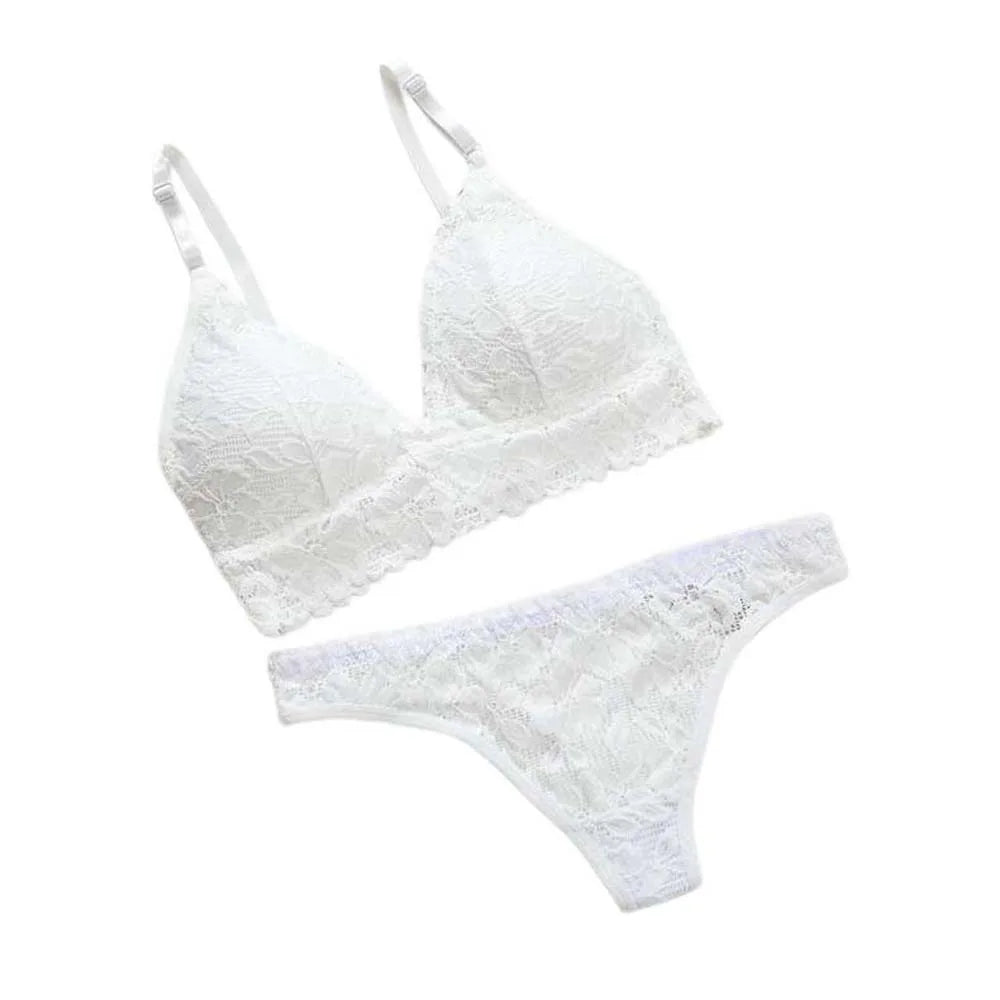 Lace Floral Padded Bra & Thong Set – V-Neck Lingerie Lace Lingerie Set Axl White S 45-60kg