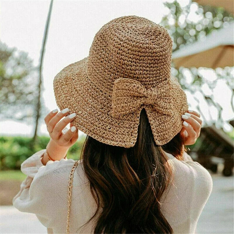 Women's Wide Brim Foldable Straw Beach Sun Hat with Bowknot Straw Sun Hat Axl