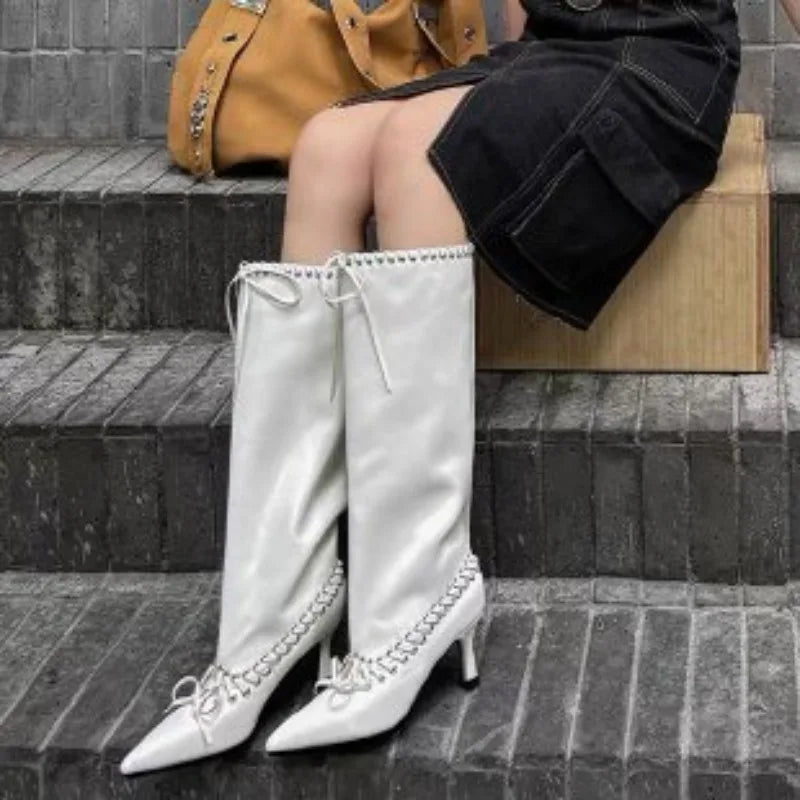 Women's Pointed Toe Square Heel Mid-Calf Boots | Strap Design Women's High Heel Boots Axl