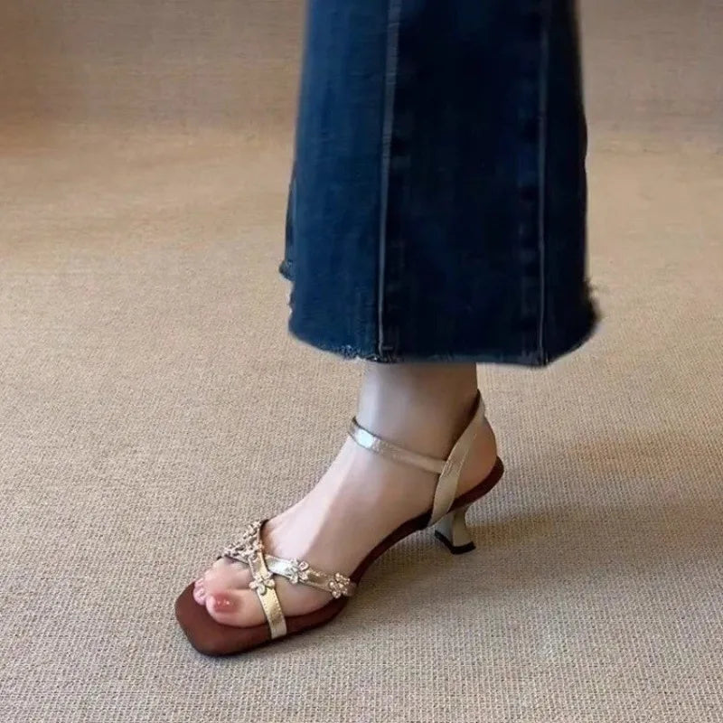 Women's Flower Buckle Peep Toe Low Heel Sandals | Party Shoes Low Heel Sandals Axl