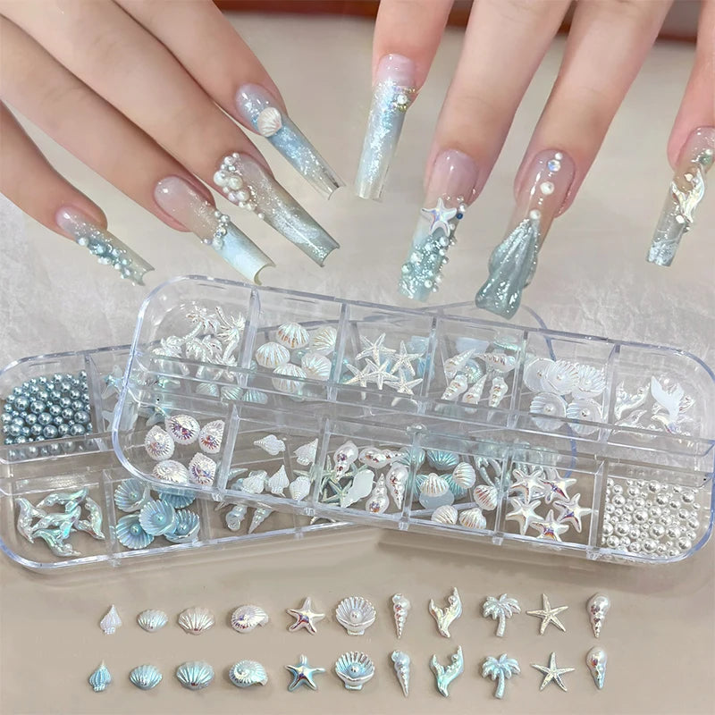 3D Ocean Nail Charms – Shell, Starfish & Mermaid 12-Grid Box Nail Art Charms Axl