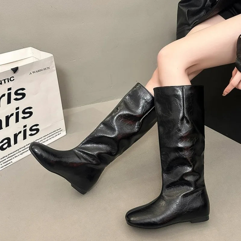Women's Knee-High Slip-On Knight Boots | Square Toe Platform Women's Knee-High Boots Axl