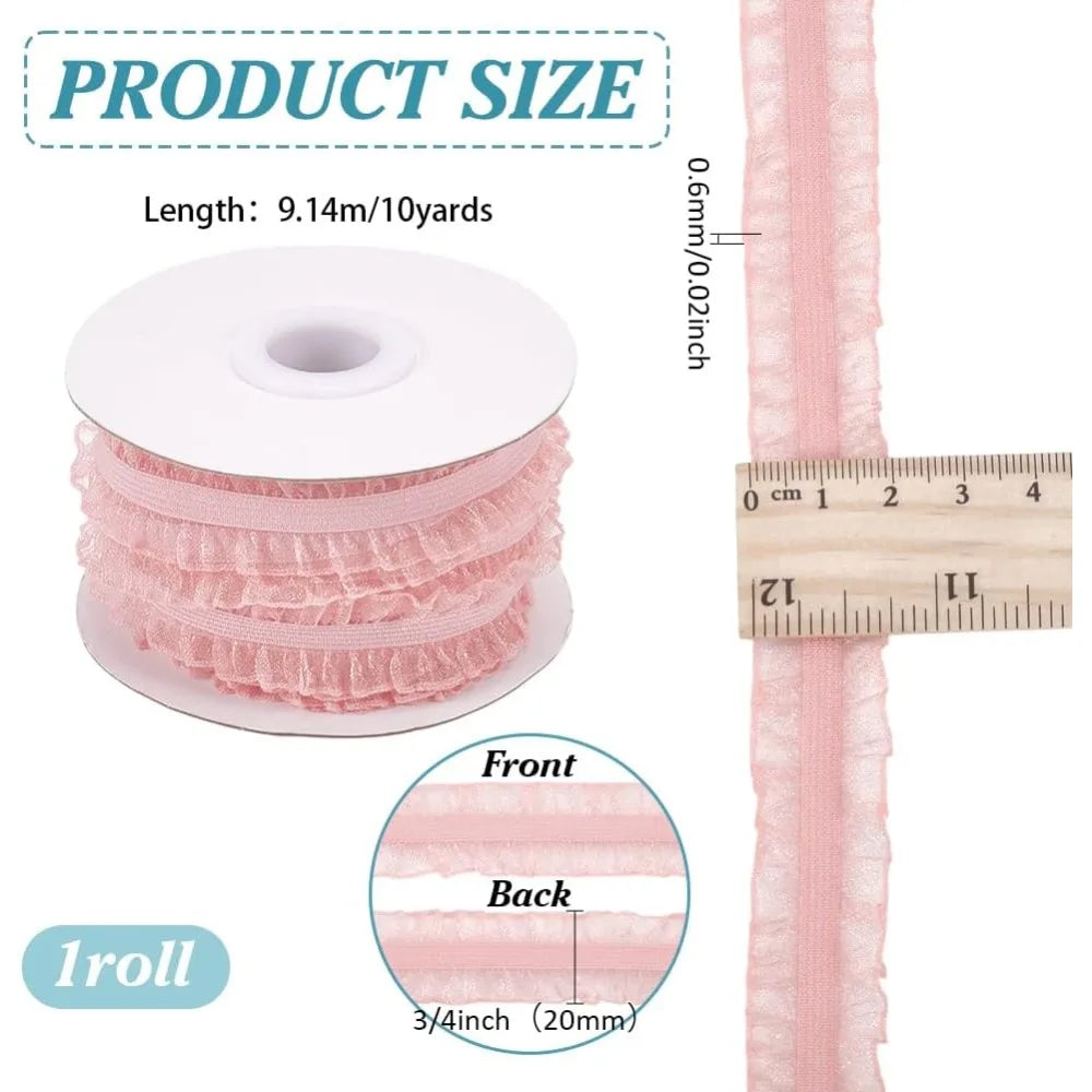 Pink Elastic Pleated Lace Trim – 3/4" x 10 Yards for Sewing Sewing Lace Trim Axl