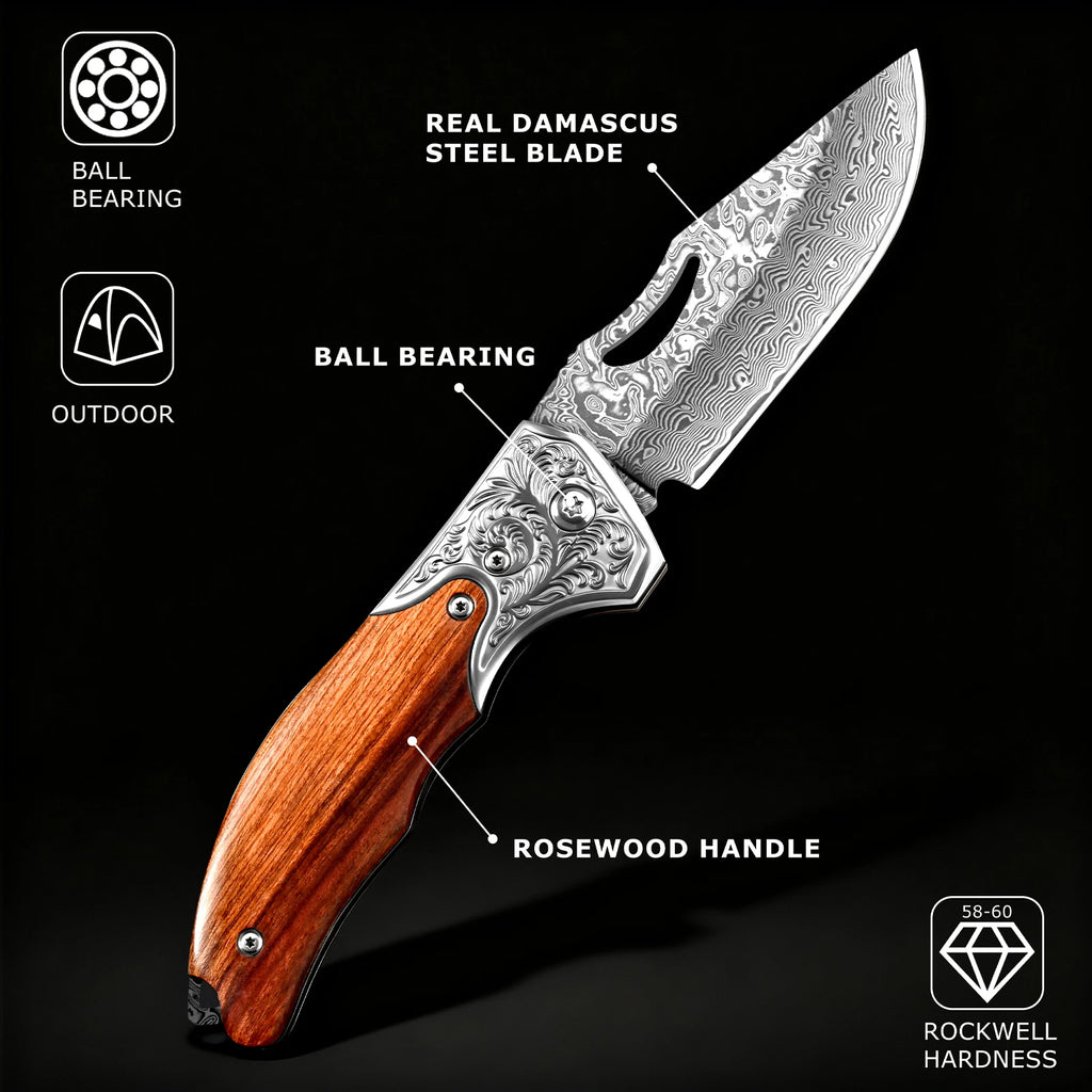 67-Layer Damascus Folding Pocket Knife – Wood Handle EDC Damascus Folding Knife Axl