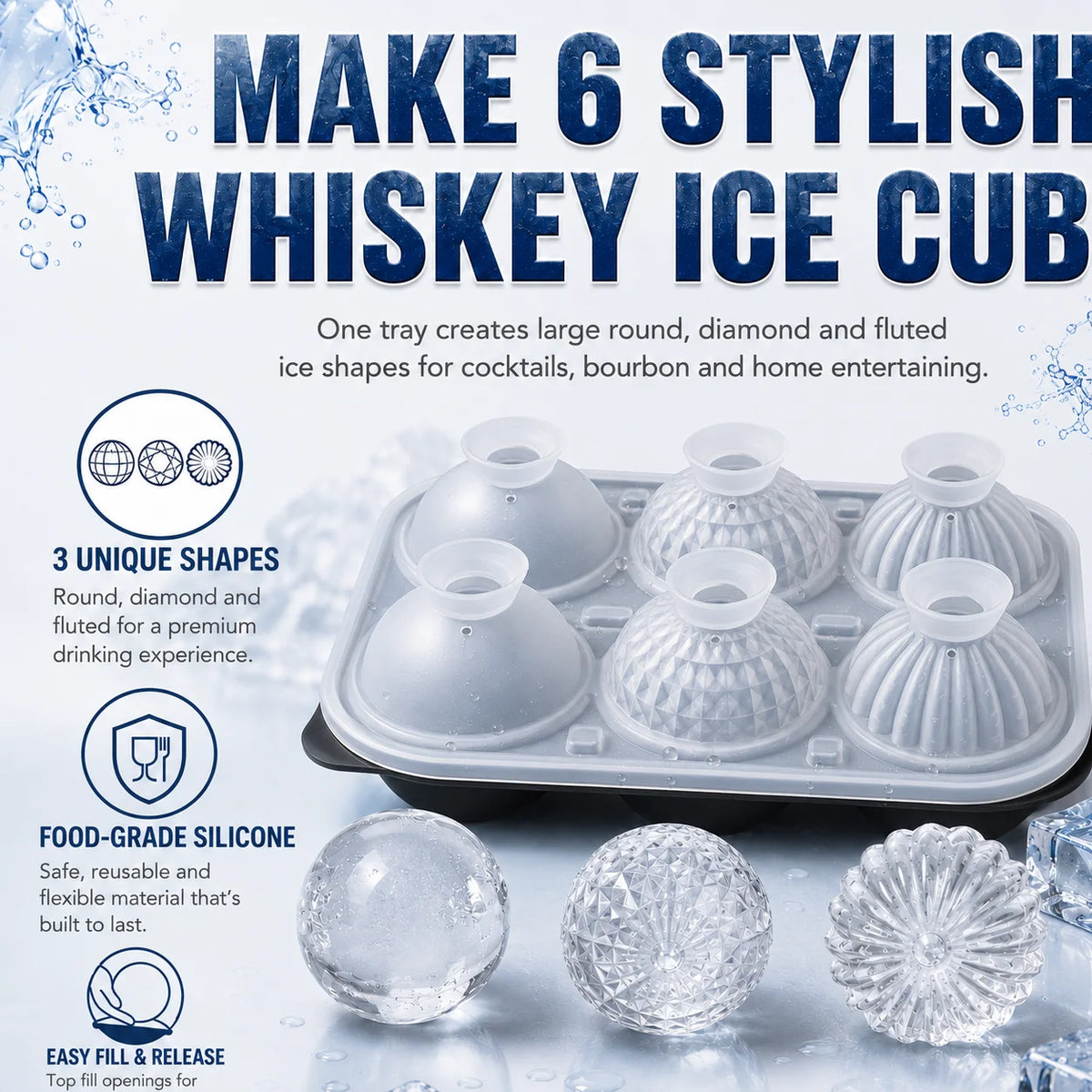 Large Whiskey Ice Ball Mold – 6 Cavity Sphere & Diamond Silicone Silicone Ice Ball Mold Axl