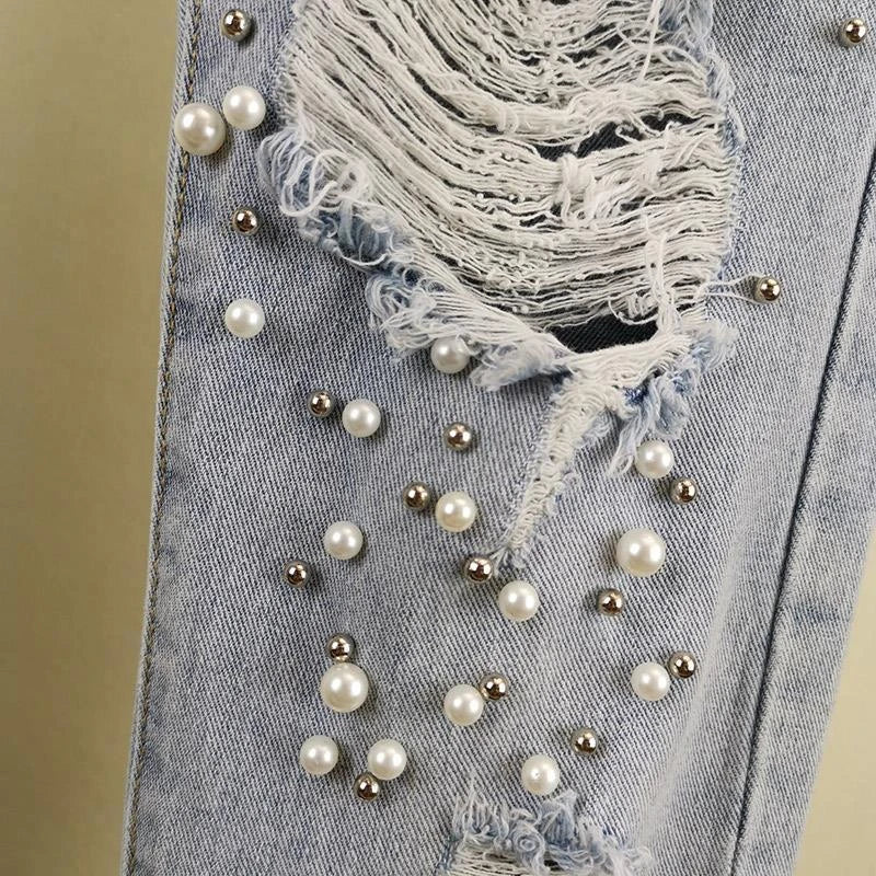 Women's Ripped Jeans Rhinestone Beaded High Waist Cropped Embellished Denim Jeans Axl