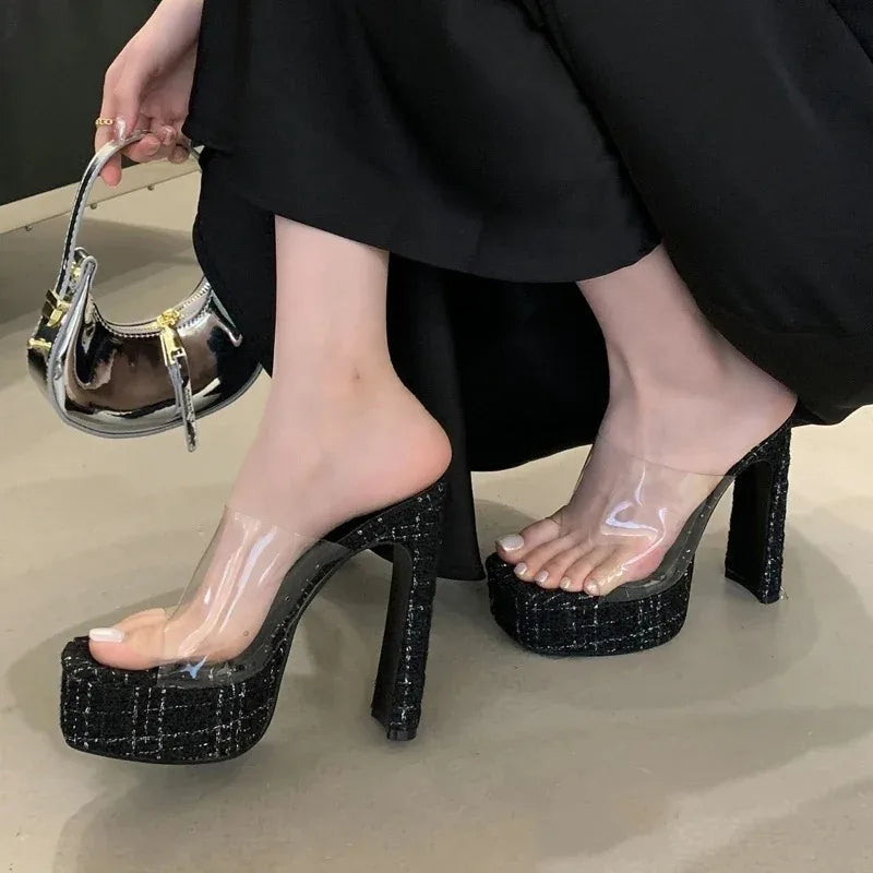 Women's Transparent PVC Square High Heel Peep Toe Sandals Platform Heel Sandals Axl