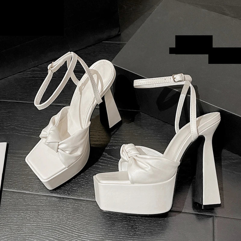 Women's Pleated Peep Toe High Heel Platform Sandals High Heel Sandals Axl White 41