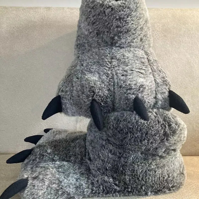 Women's Fluffy Animal Paw Slippers | Soft Faux Fur Indoor Slides Novelty Indoor Slippers Axl Gray 34