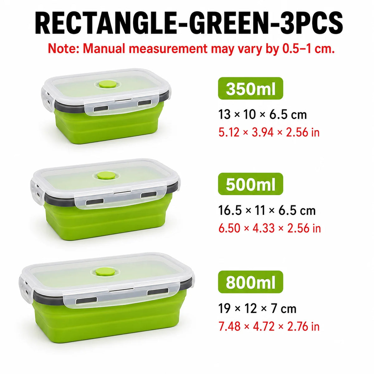 Uwhise 4-Size Collapsible Silicone Bento Lunch Box Set Silicone Food Containers Axl Rectangle-Green-3Pcs