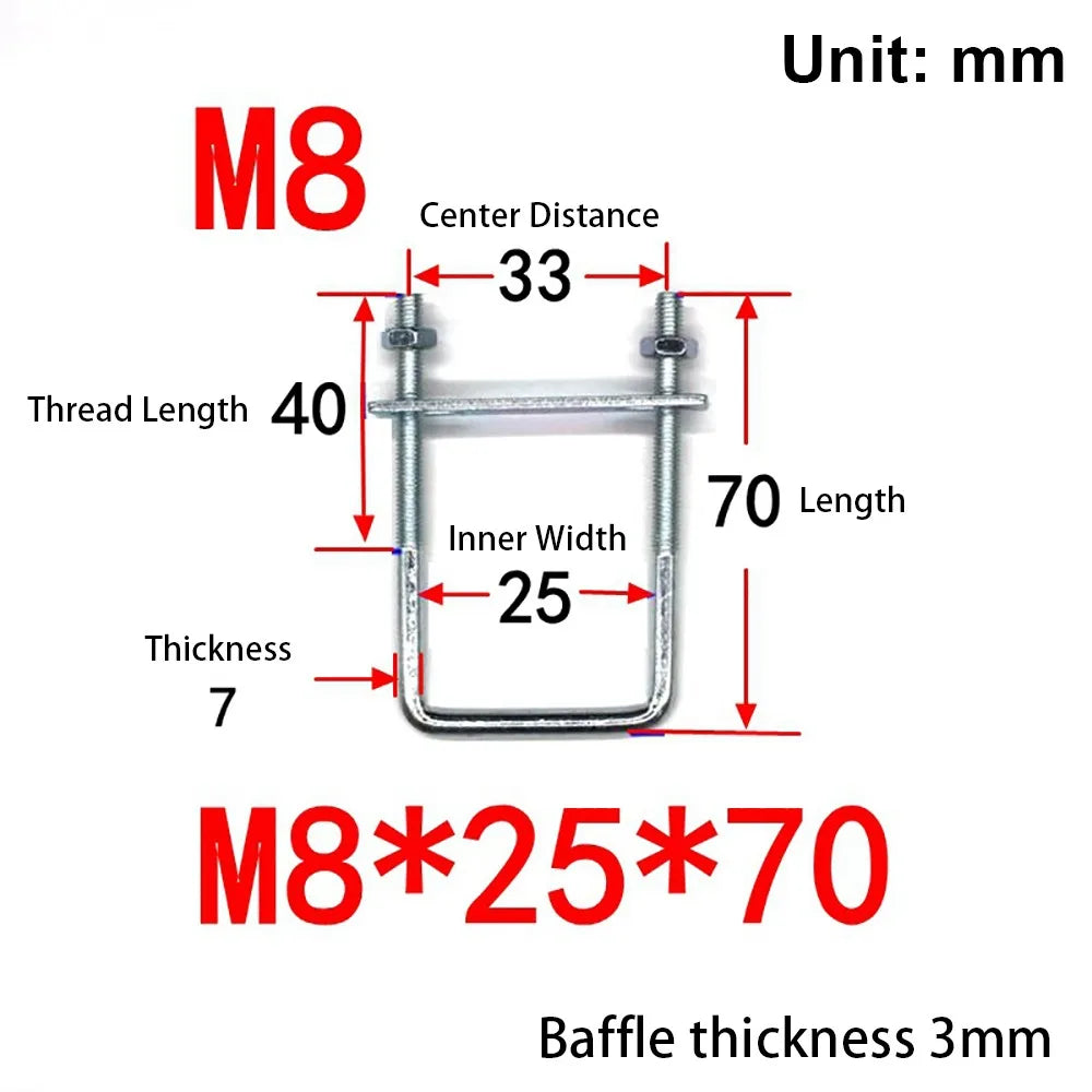 M8 Square Tube U-Clamp | Galvanized Q235 Carbon Steel + Baffle Tube Clamp Axl M8x25x70mm