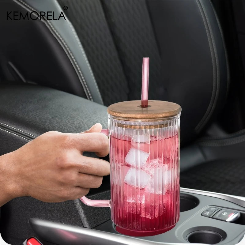 900ml Ribbed Glass Tumbler with Bamboo Lid & Straw | KEMORELA Glass Tumbler Axl
