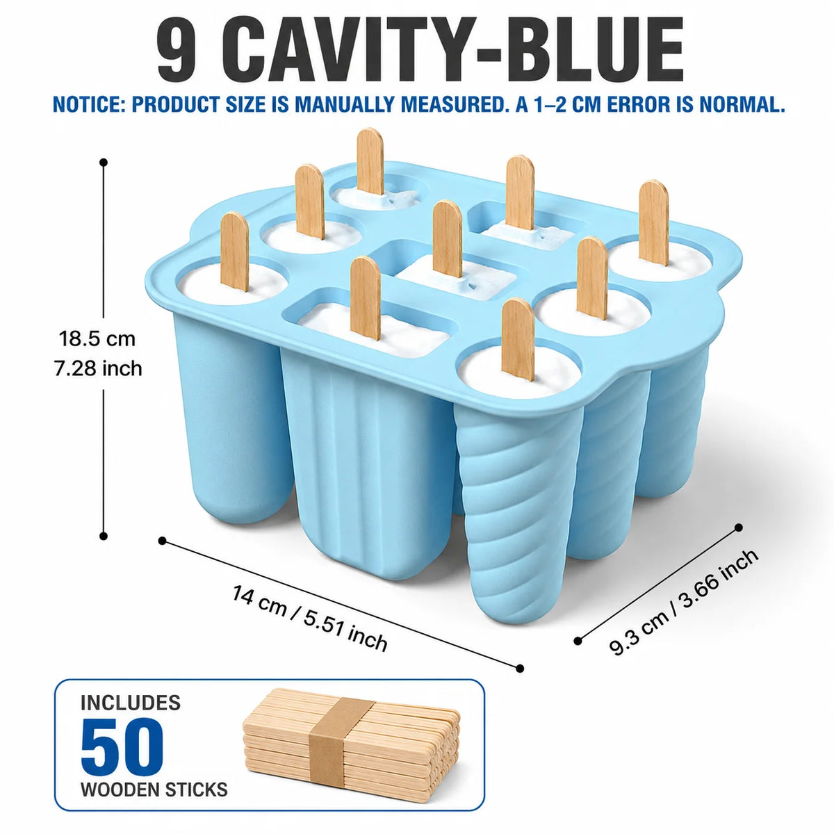 Silicone Popsicle Mold 9/10 Cavity + 50 Wooden Sticks | Ice Pop Popsicle Mold Set Axl 9 Cavity-Blue