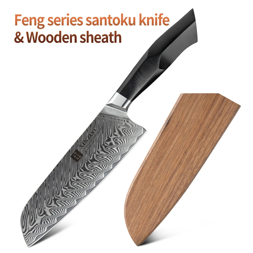 XINZUO 7.3" VG10 Damascus Steel Santoku Knife – Feng Series Damascus Santoku Knife Axl with Wooden sheath