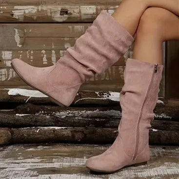 Women's Pleated Suede Mid-Calf Western Cowboy Boots | Side Zip Women's Cowboy Boots Axl