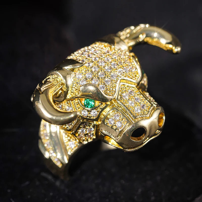 Huitan Cow Design Gold Tone Statement Ring – Green Eyes CZ Fashion Statement Ring Axl