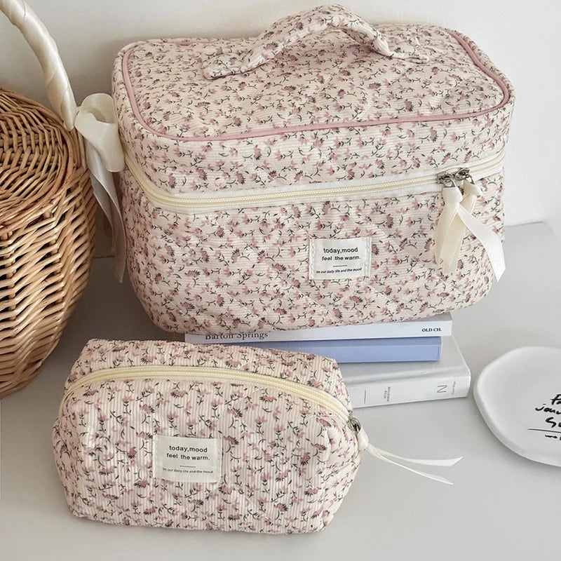Corduroy Floral Cosmetic Bag – Large Travel Makeup Organizer Travel Makeup Bag Axl