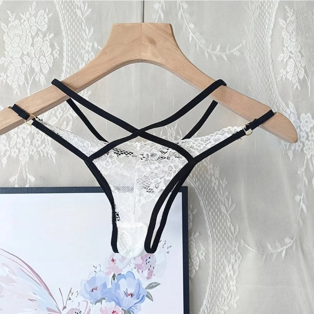 Women's Lace Mesh Thong – Color Block Low-Rise G-String Panties Lace Thong Panties Axl White One Size 1pc