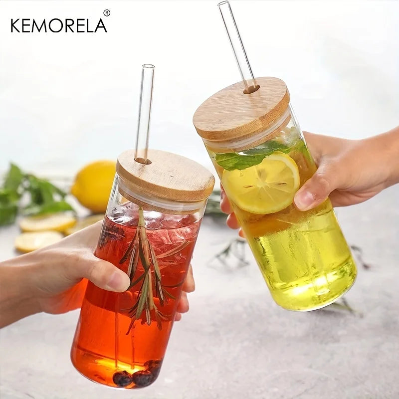4-Pack 600ml Borosilicate Glass Tumblers with Bamboo Lids & Straws Glass Tumbler Set Axl
