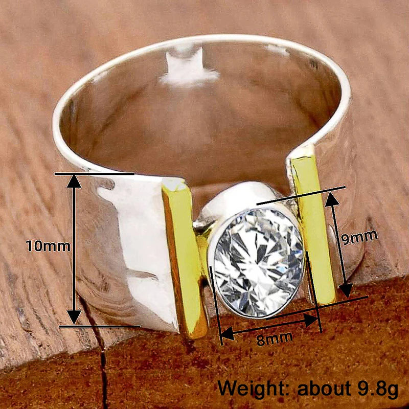 Huitan Wide CZ Ring – Two-Tone Hammered Statement Band for Women Fashion Statement Ring Axl